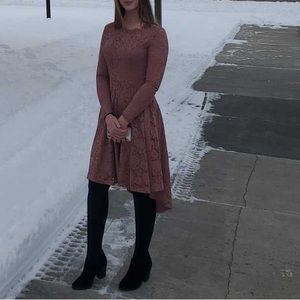 Dusty pink lace dress with long sleeve and extended train at the back, size 7